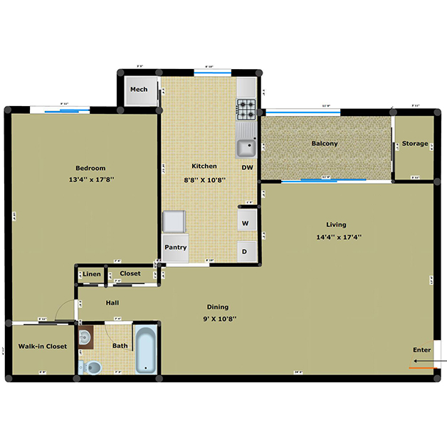 1 bedroom 1 bathroom apartment floor plan of Cabin Creek