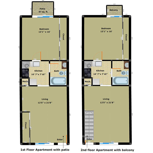 1 bedroom 1 bathroom floor plan of Cabin Creek apartments in Henrico, VA with patio or with balcony