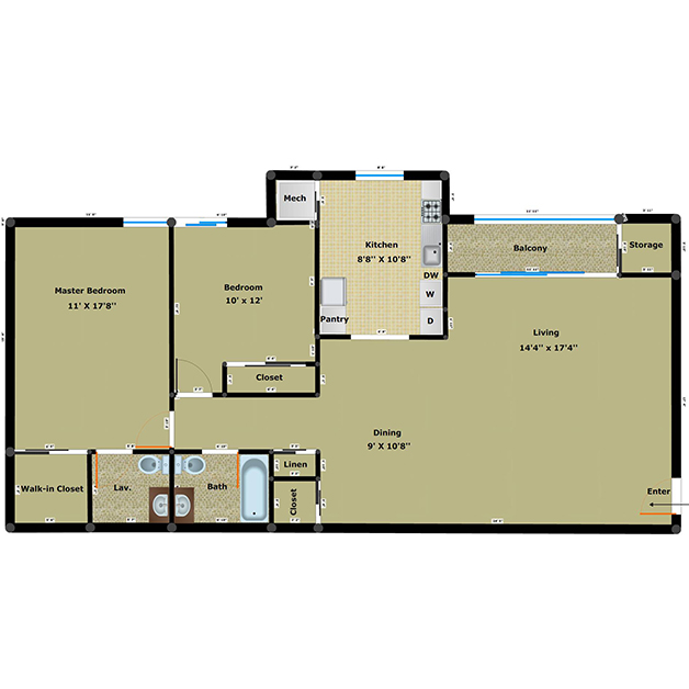 2 bedroom 1.5 bathroom apartment floor plan of Cabin Creek