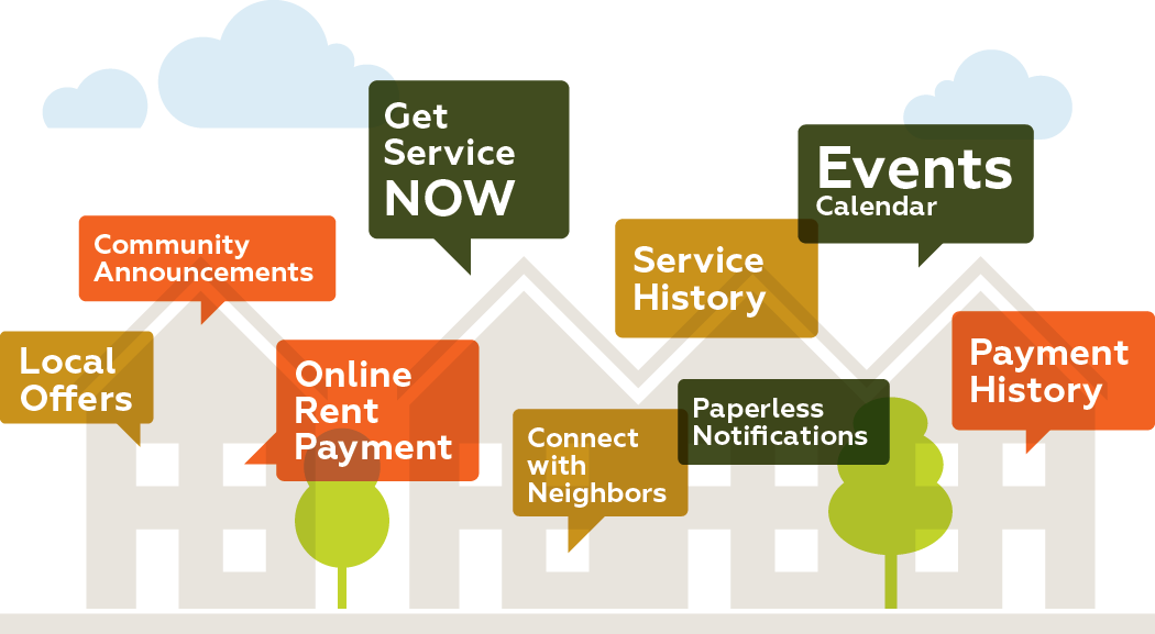 Cabin Creek apartments for rent Henrico VA features: Online Rent Payment, Maintenance Services, Community Announcements, Event Calendar, FAQ, Local Offers